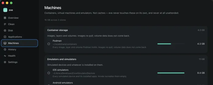 eve's Machines pane, listing container storage and simulator runtimes with their sizes.